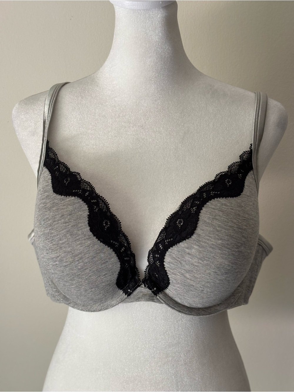 Cacique Gray Bra with Black Lace Trim